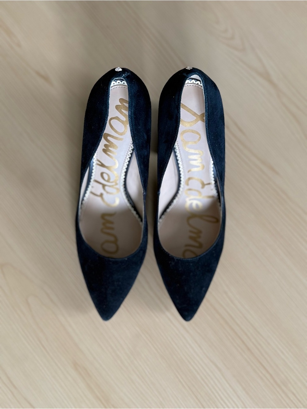 Sam Edelman Black Suede Pointed Toe Block Heel Pumps Leather Designer Heels - Picture 3 of 6